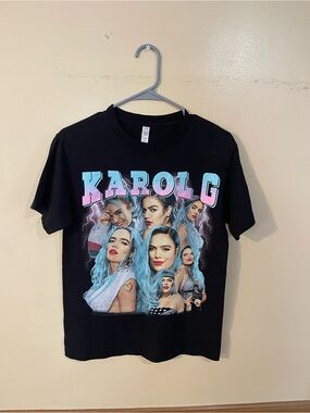 Karol G Graphic Tee in Black with Blue & Pink Print